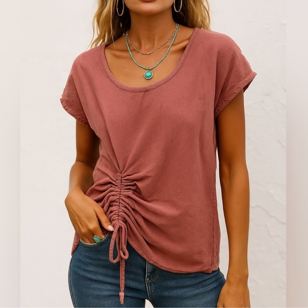 Oh My Gauze Ana Blouse Size 1 Pink Cotton Gauze Ruched Hem Top